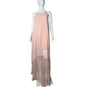 NWT BCBGeneration Pleated Flowy Lace Trim Maxi Dress Rose Smoke Size L